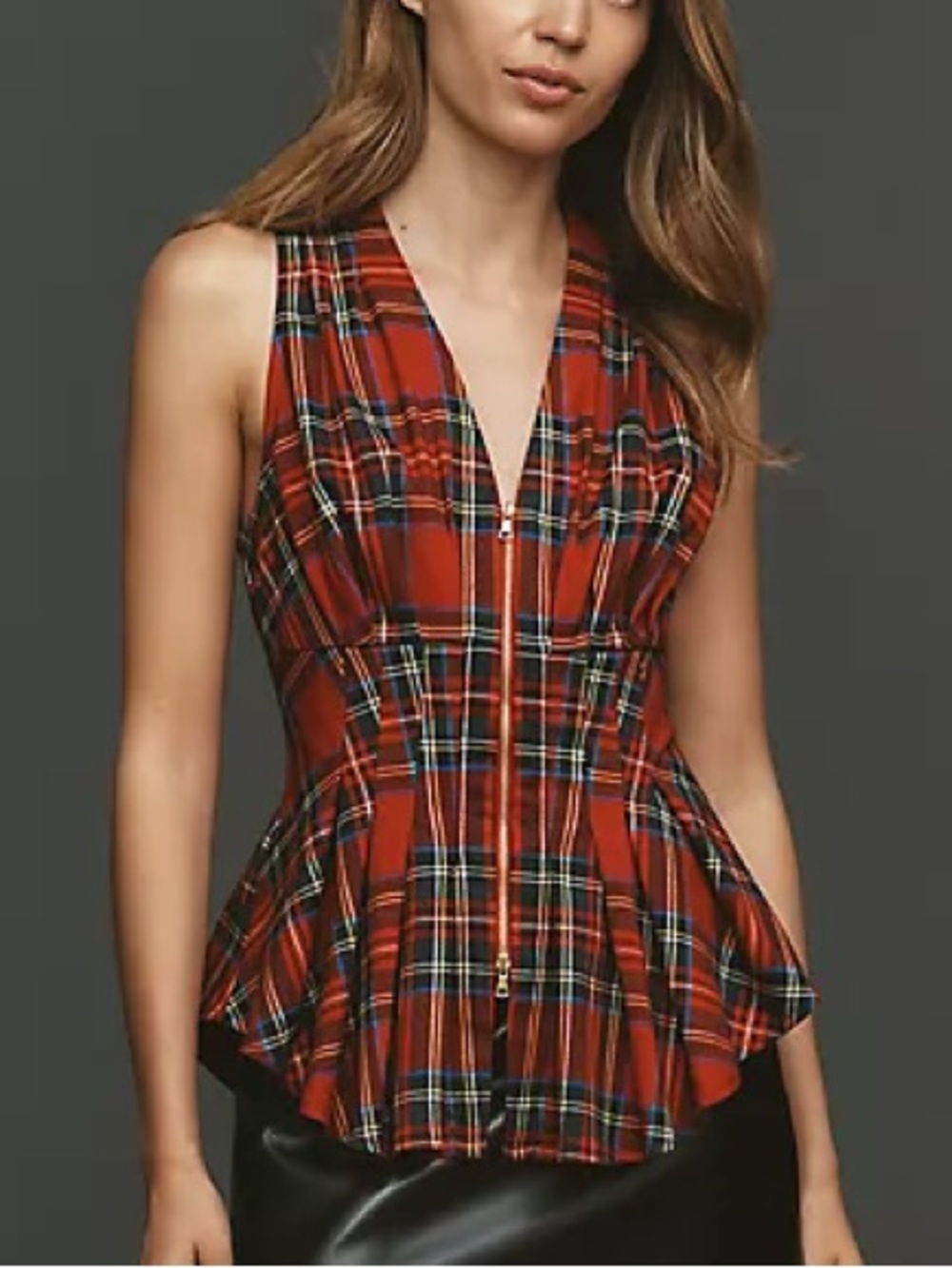 Anthropologie Maeve Viki Waisted Sleeveless ZipFront Red Plaid Peplum Top Celtic - Picture 9 of 11